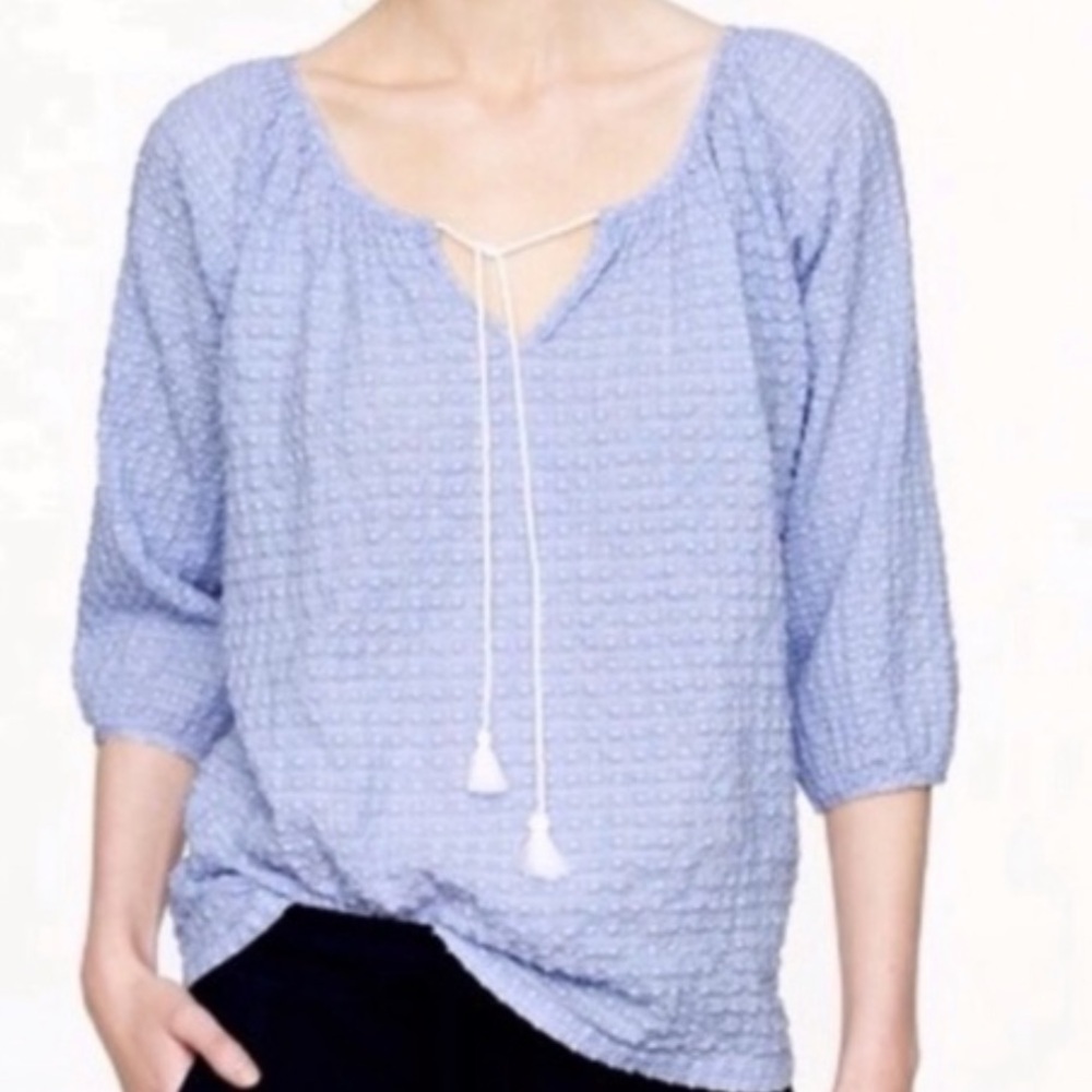 J. Crew Light Blue Textured Peasant Blouse with Tassel Tie